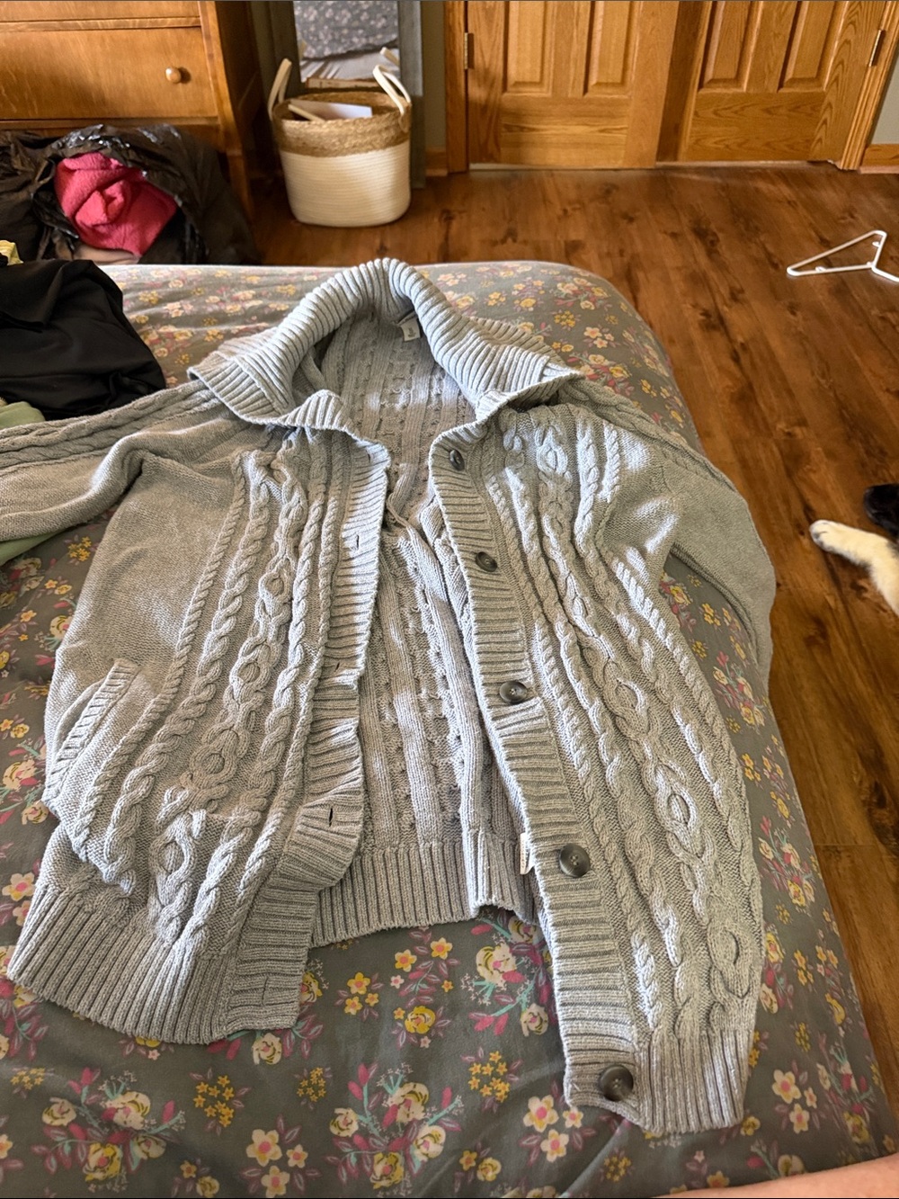 L.L. Bean Light Gray Cable-Knit Button Cardigan